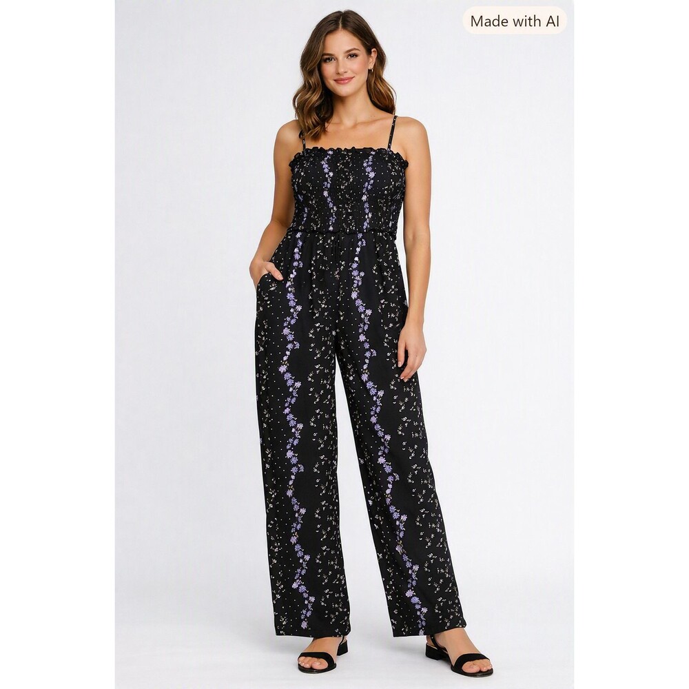 Indulge Womens L Floral Smocked Jumpsuit Black Purple Wide Leg NWT